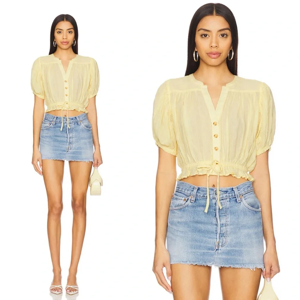 Free People Little Cloud Cropped Puff Sleeve Blouse Size XS 100% Cotton